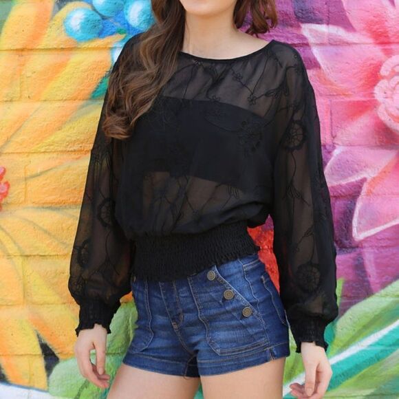 🔥PRICE IS FIRM!🔥 NEW ANGIE Embroidered Sheer Black Tops - Picture 4 of 5